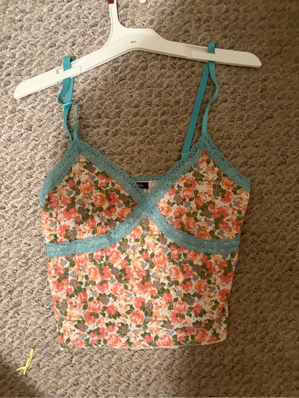 wild fable Floral Lace Trim Crop Cami - Teal Lace, Orange & Green Floral